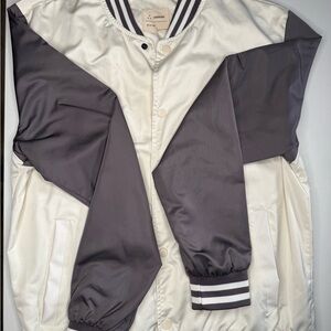 White and Gray Varsity Bomber Jacket with Ribbed Trim